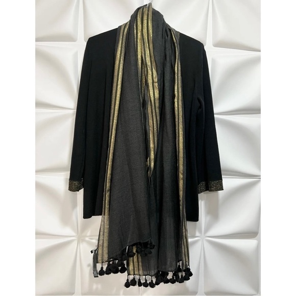 Eileen Fisher Womens Sz PM P M Black Gold ITALIAN Wool Cardigan Tassel Scarf Set - Picture 12 of 16